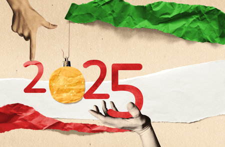 New 2025 Year greeting illustration in scrapbooking style. Human hands holding 2025 numbers with pieces of torn and crumbled paper. vintage photo effect.の写真素材