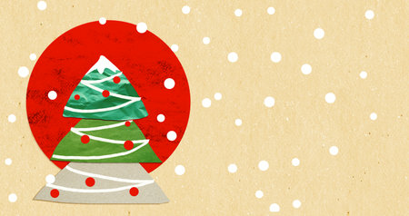New 2025 Year and Christmas greeting card in scrapbooking style. Christmas tree with decorations from pieces of torn and crumbled textured paper. Winter season snowfallの写真素材