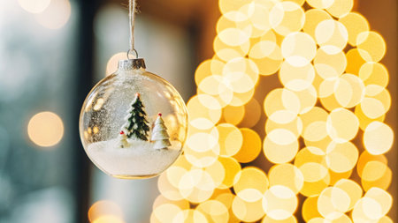 transparent glass decoration with Christmas tree inside hanging. Copy space for text on a bokeh background. Festive background.の素材