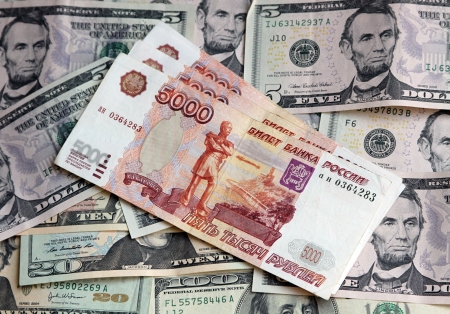 Photo of two currencies - US Dollar and roubleの写真素材