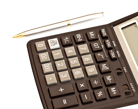 Business picture  calculator and pen isolated on white backgroundの写真素材