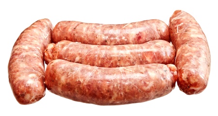 Raw meat sausages isolated on white backgroundの写真素材