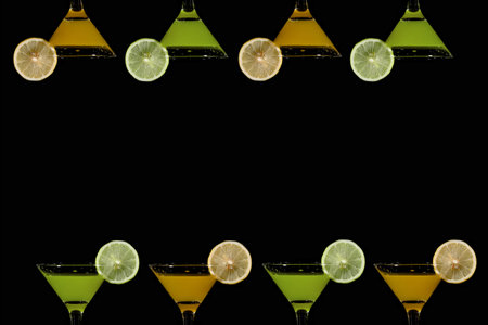 black background with cups of orange juice and kiwi fruit around the edgesの写真素材