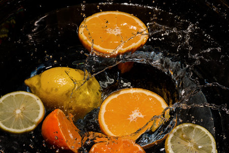 Citrus fruits orange, tangerine and sliced lemon are floating in water