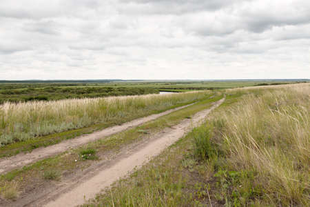 road in a field on a hillの写真素材