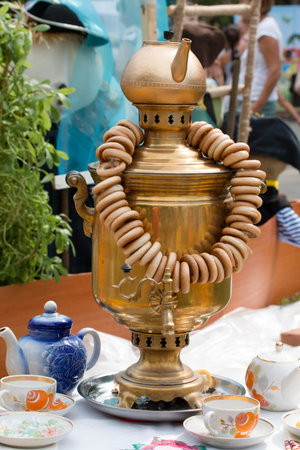 Russian national cutlery samovar is on the tableの写真素材