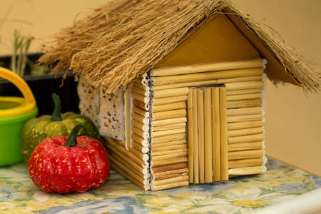 A small toy house made of wooden twigsの写真素材