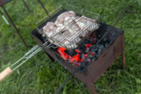 Blurred background meat is fried on charcoal with a grillwith a grillの写真素材