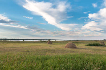 On the field are two haystacksの写真素材