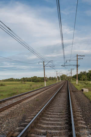 The road going into the distance between two fieldsの写真素材