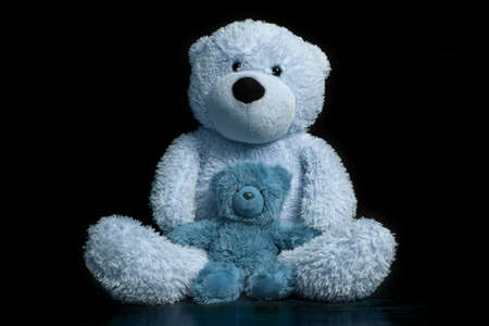 teddy bears big and small blue on a black backgroundの写真素材