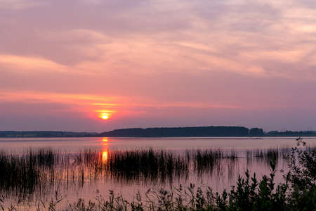 sunset over the lake in summerの写真素材