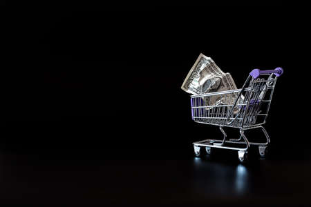 the dollar is in a cart from a supermarket for foodの写真素材