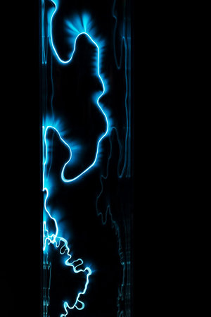 Lightning flash discharge of electricity on transparent background. Blue electrical visual effect.