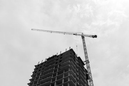 construction of a residential multi-storey building. Tower crane and unfinished house of concrete