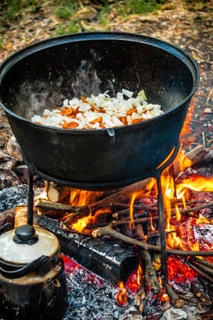 a cauldron for cooking is on the fire in the open airの写真素材