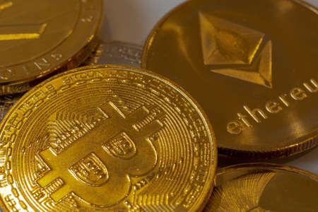 souvenir coins of cryptocurrency, bitcoin, lightcoin, ethereumの写真素材