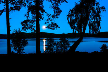fantastic night landscape with moon over summer lakeの写真素材