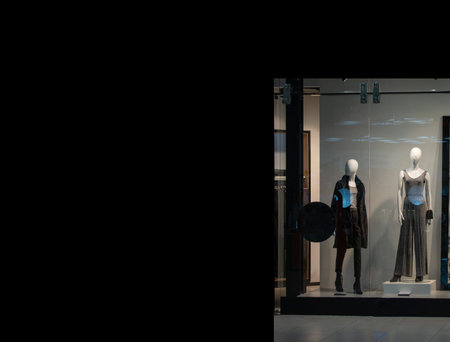 mannequins display clothing advertising in a shop window