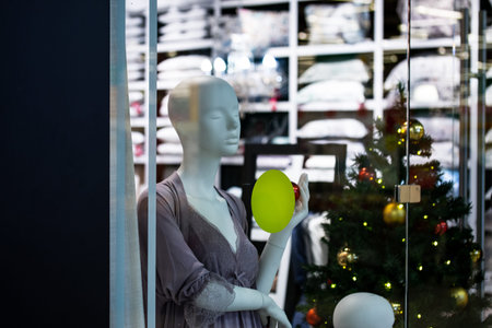mannequins display clothing advertising in a shop windowの写真素材