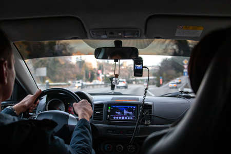 Inside the interior of a modern passenger carの写真素材
