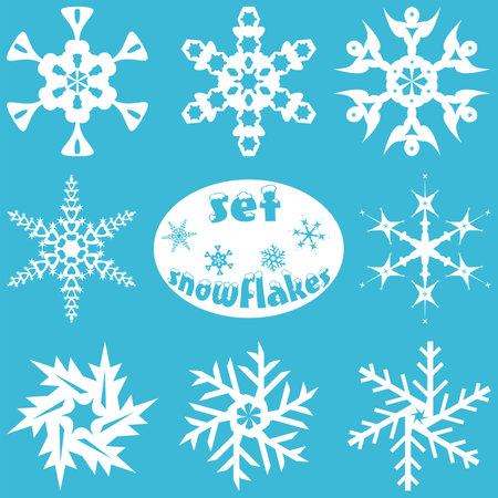 Illustration set of white snowflakes on a blue backgroundのイラスト素材