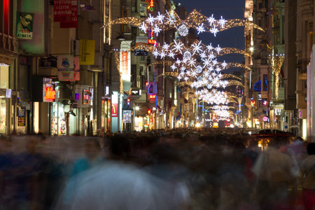 ISTANBUL, TURKEY - JUNE 11 : Taksim Istiklal Street at night on June 11, 2011 in Istanbul, Turkey. Taksim Istiklal Street is a popular destination of Istanbul.のeditorial素材