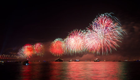 Fireworks over Bosphorus Strait, Istanbulの写真素材