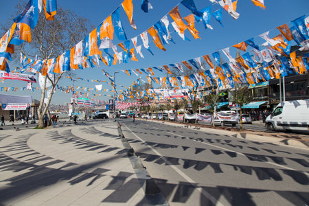 ISTANBUL - MARCH 22: Streets covered with flags and banners before local elections in Turkey on March 22, 2014 in Istanbul, Turkey. Local elections will hold with more than 52m electors on 30 Marchのeditorial素材