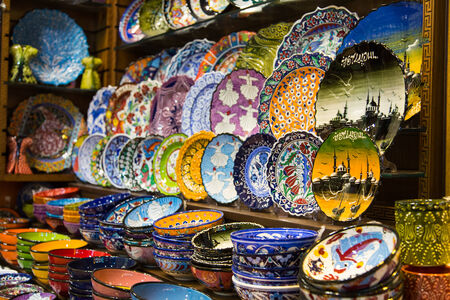 Turkish Ceramic Plates in Spice Bazaar, Istanbul City, Turkeyの写真素材
