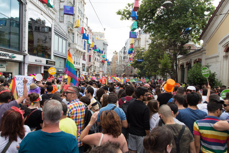 ISTANBUL, TURKEY - JUNE 29, 2014: 22. LGBTI Pride March held in Istiklal Avenue, Istanbul. Tens of thousands of people gathered to celebrate LGBT Honor week.のeditorial素材