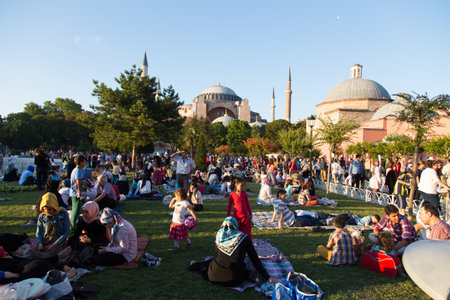 ISTANBUL, TURKEY - JULY 05, 2014: People waiting to break one's fast during Ramandan in Sultanahmet square, Istanbulのeditorial素材