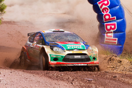 ISTANBUL, TURKEY - JULY 12, 2014: Orhan Avcioglu drives Ford Fiesta S2000 of Castrol Ford Team Turkey in 35. Istanbul Rally, Gocbeyli Namet Stageのeditorial素材
