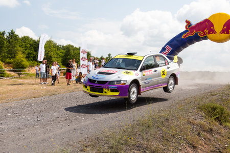 ISTANBUL, TURKEY - JULY 13, 2014: Simin Bicakcioglu drives Mitsubishi Lancer Evo 9 in 35. Istanbul Rally, Gocbeyli Namet Stageのeditorial素材