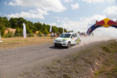 ISTANBUL, TURKEY - JULY 13, 2014: Georgi Geradzhiev drives Ford Fiesta ST of ASC Burgartabac Team in 35. Istanbul Rally, Gocbeyli Namet Stageのeditorial素材
