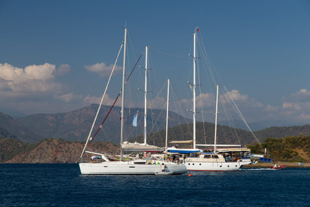 GOCEK, MUGLA, TURKEY - JULY 16, 2014: People in sailboat tours in Aegean sea. Aegean tours are one...