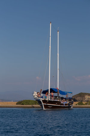 GOCEK, MUGLA, TURKEY - JULY 16, 2014: People in sailboat tour in Aegean sea. Aegean tours are one of the most populer activity for tourists in southern Turkey.のeditorial素材