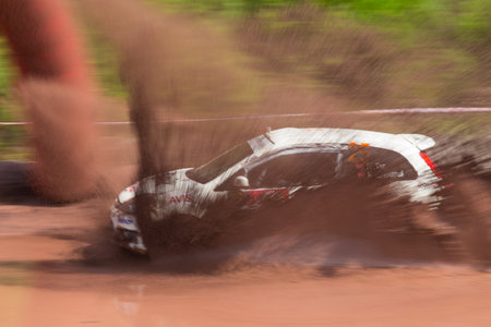 ISTANBUL, TURKEY - AUGUST 17, 2014: Kerim Tar drives Ford Fiesta ST car in Avis Bosphorus Rally, Gocbeyli Stageのeditorial素材