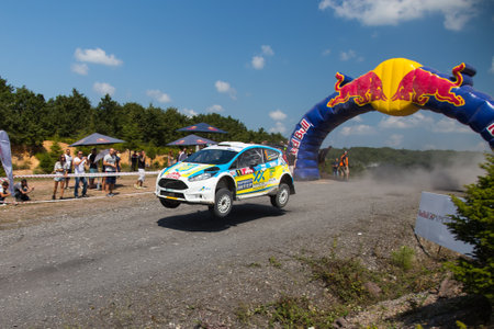 ISTANBUL, TURKEY - AUGUST 17, 2014: Oleksandr Saliuk drives Ford Fiesta R5 car in Avis Bosphorus Rally, Gocbeyli Stageのeditorial素材