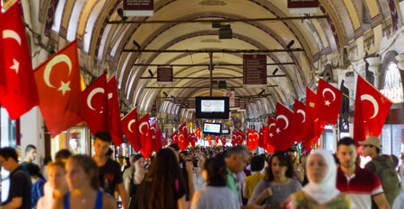 ISTANBUL, TURKEY - AUGUST 30, 2014: People shopping in the Grand Bazaar. The Grand Bazaar is one of the largest and oldest covered markets in the world.のeditorial素材