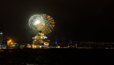 ISTANBUL, TURKEY - AUGUST 30, 2014: Costa Magica cruise ship in Istanbul port. Ship has 3,470 passenger capacity with 102.587 Gross tonnage.のeditorial素材