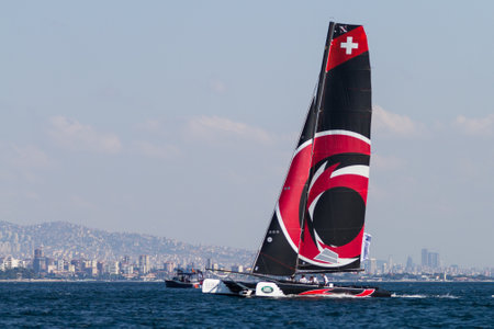 ISTANBUL, TURKEY - SEPTEMBER 13, 2014: Skipper Ernesto Bertarelli, Alinghi Team competes in Extreme Sailing Series.のeditorial素材