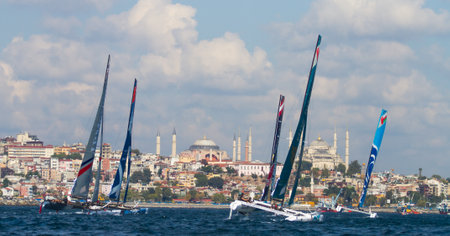 ISTANBUL, TURKEY - SEPTEMBER 13, 2014: Extreme 40 Sailboats competes in Extreme Sailing Series.のeditorial素材