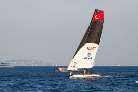 ISTANBUL, TURKEY - SEPTEMBER 13, 2014: Skipper Mitch Booth, TeamTurx competes in Extreme Sailing Series.のeditorial素材