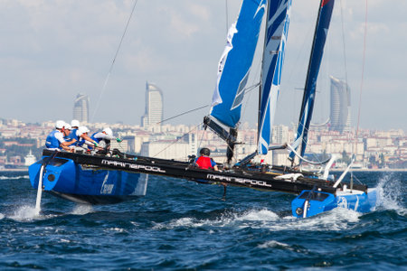 ISTANBUL, TURKEY - SEPTEMBER 13, 2014: Skipper Igor Lisovenko, Gazprom Team Russia competes in Extreme Sailing Series.のeditorial素材