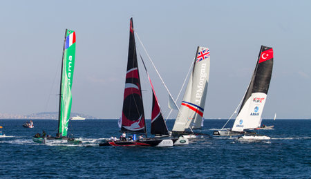 ISTANBUL, TURKEY - SEPTEMBER 13, 2014: Extreme 40 Sailboats competes in Extreme Sailing Series.のeditorial素材
