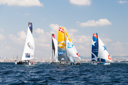 ISTANBUL, TURKEY - SEPTEMBER 13, 2014: Extreme 40 Sailboats compete in Extreme Sailing Series.のeditorial素材