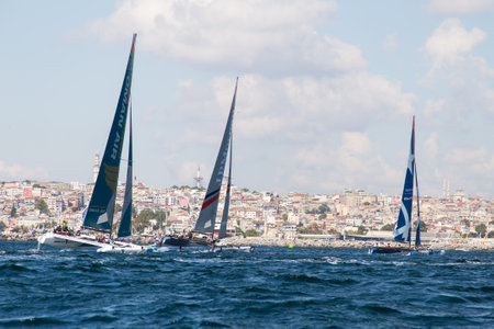 ISTANBUL, TURKEY - SEPTEMBER 13, 2014: Oman Air, J.P. Morgan BAR and Realteam Teams compete in Extreme Sailing Series.のeditorial素材