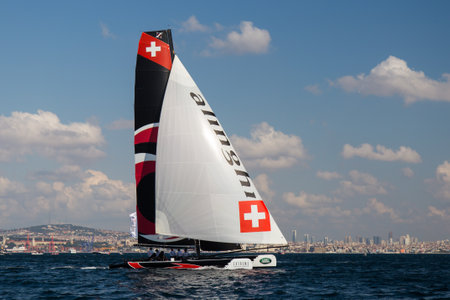ISTANBUL, TURKEY - SEPTEMBER 13, 2014: Skipper Ernesto Bertarelli, Alinghi Team competes in Extreme Sailing Series.のeditorial素材