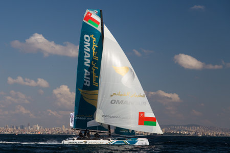 ISTANBUL, TURKEY - SEPTEMBER 13, 2014: Skipper Rob Greenhalgh, Oman Air Team competes in Extreme Sailing Series.のeditorial素材